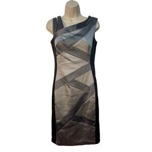 JAX Asymmetrical Neck‎ Sleeveless Midi Cocktail Dress Color Black/Gray Size 8